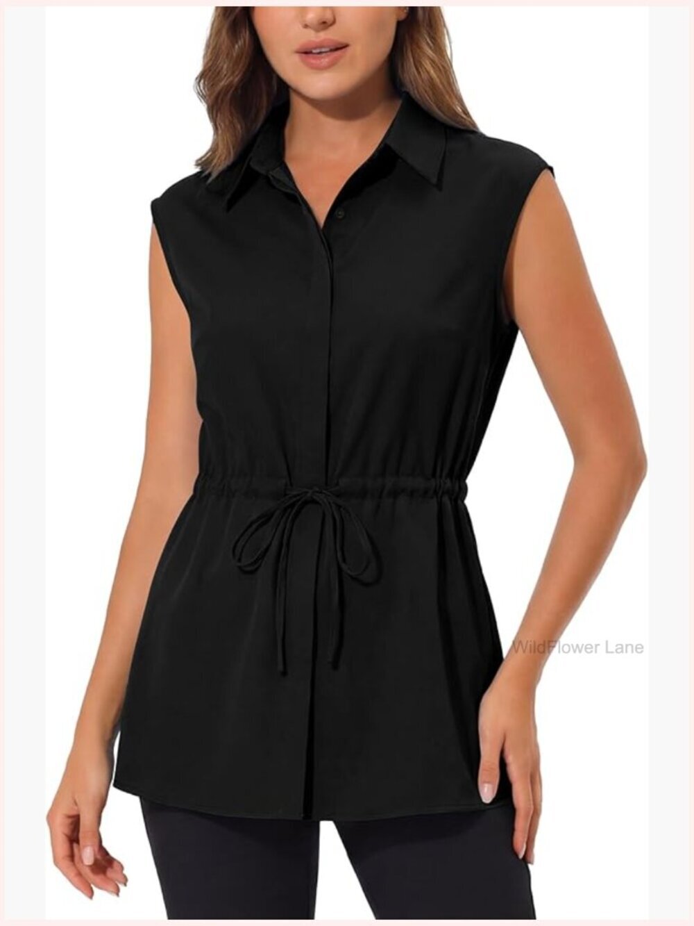Sleeveless Button Down Shirt with Drawstring Waist